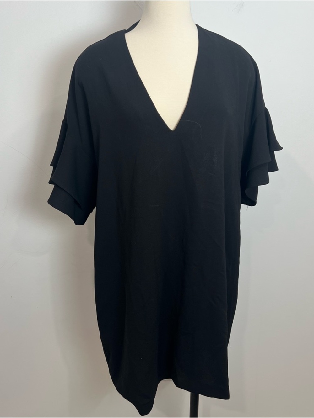 Zara Women Black V-Neck Flutter Sleeve Dress